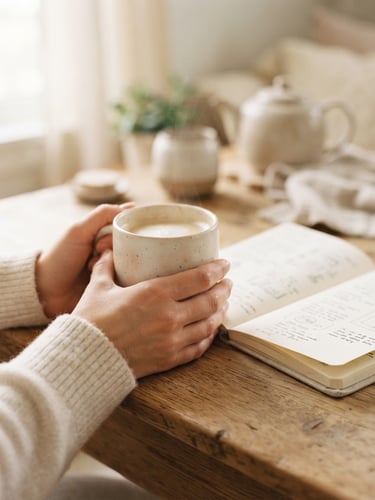 Soft macro shot of hands holding a warm ceramic cup next to an open notebook on a wooden table, soft morning light, cozy pastel aesthetic
