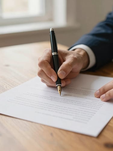 Close-up of hands signing a high-quality paper document on a warm wooden table, soft natural window light, elegant fountain pen, shallow depth of field, 35mm photography.