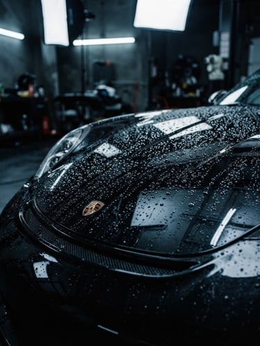 Sleek automotive photography, high-contrast studio lighting, deep metallic reflections on a black sports car hood with perfect water beading, cool workshop environment, 35mm