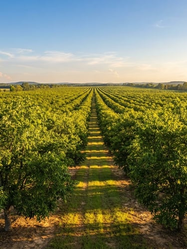 Amplio campo de nogales pecanos perfectamente alineados bajo el sol de la tarde, con hileras infinitas de árboles verdes y bien cuidados, luz dorada filtrándose entre las hojas.