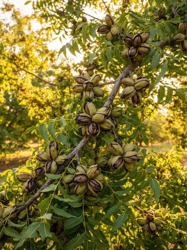 Lush, sun-drenched pecan orchard with healthy trees, close-up on branches heavy with pecans, golden hour light filtering through leaves, wide-angle lens.
