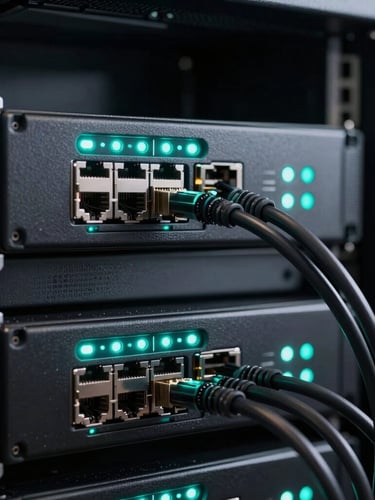 Macro photograph of a sleek dark-mode server rack interface with glowing neon-teal indicator lights and clean networking cables