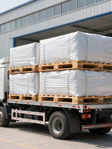 A professional logistics truck loaded with heavy cargo pallets outside a modern textile warehouse, bright daylight, realistic textile textures, sharp focus, 35mm lens