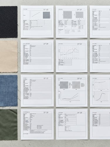 Overhead flat-lay of fabric samples next to technical spec sheets, bright daylight, realistic textile textures, sharp focus, 35mm lens