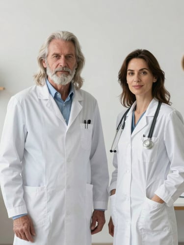 Retrato editorial de una doctora en medicina integrativa con bata blanca moderna, expresión serena y compasiva, fondo minimalista verde salvia suave, luz natural difusa.