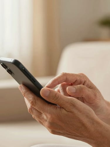 Close-up of an older adult's hands confidently using a smartphone, soft natural indoor light, comforting golden tones, shallow depth of field, 35mm