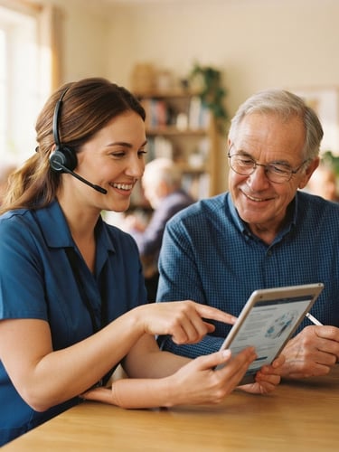 Warm, smiling support agent wearing a headset, gently explaining something on a tablet to an older adult, soft natural indoor light, comforting golden tones, shallow depth of field, 35mm