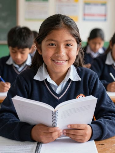 A warm editorial portrait of a Peruvian high school student smiling in a classroom, natural highland light, holding a notebook, authentic school environment.