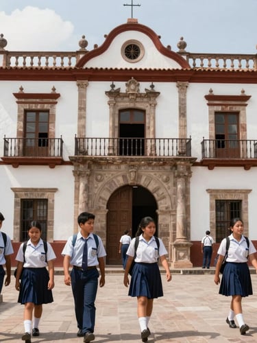 Warm editorial photography, bright natural daylight, historic facade of I.E. Juan Ugaz in Santa Cruz Cajamarca, students walking in uniform, realistic depth of field