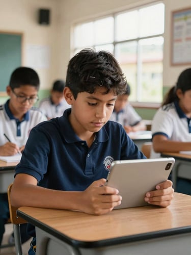 A focused student in Santa Cruz Cajamarca using a tablet in a bright classroom, natural highland light, 35mm lens
