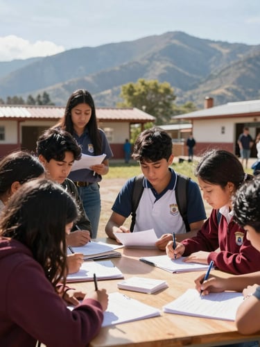Wide shot of high school students in Santa Cruz, Cajamarca, collaborating on an outdoor finance workshop under bright natural sunlight, mountains in background, warm editorial style.