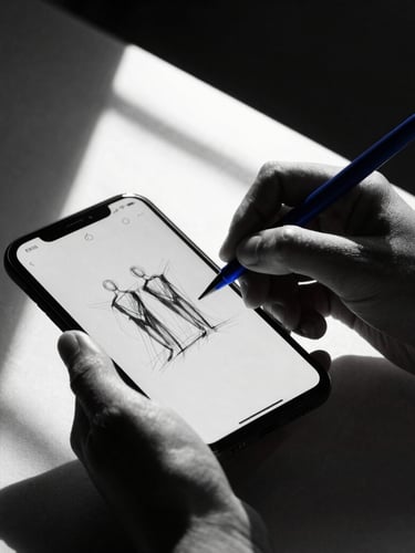 Intimate close-up of hands sketching digital ad mockups on a mobile device, high-contrast natural window light, deep dramatic shadows, minimalist monochrome with electric blue accents, 35mm.