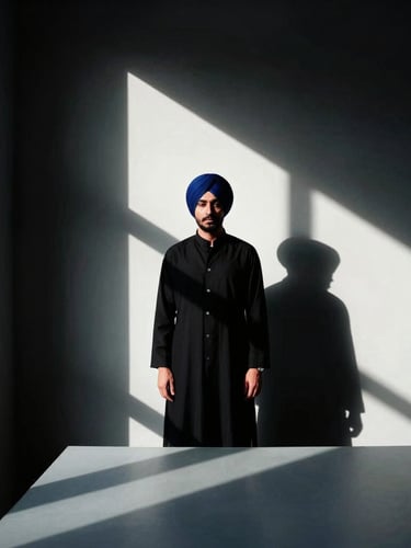 A direct-to-camera high-contrast portrait of Baljeet Kaur in an architectural minimalist workspace, dramatic natural window light, deep shadows, 35mm photography.