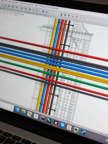Close-up of a high-resolution BIM coordination software screen showing complex multi-colored overlapping MEP conduits, 3D architectural wireframe, sharp technical details