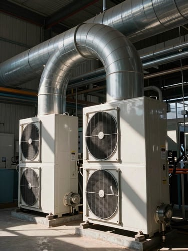 Massive air handling units and circular supply ducts in an industrial manufacturing plant, dramatic architectural shadows, high-contrast lighting.