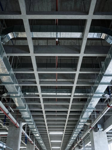 High-contrast orthographic view looking directly up at a perfectly aligned ceiling grid of exposed ductwork, cable trays, and color-coded piping in a modern industrial facility, sharp shadows, cool ambient light.