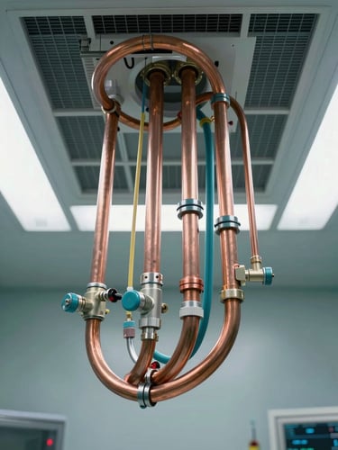 Exposed medical gas lines and color-coded copper piping routed above a surgical theater ceiling grid, precise orthographic framing, cool clinical lighting.