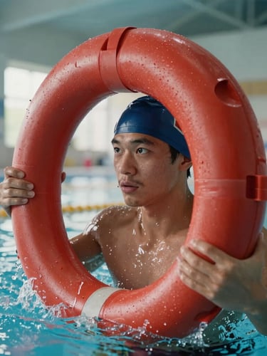 Dynamic close-up of a lifeguard trainee's hands gripping a red rescue tube in a high-contrast indoor swimming pool, water splashing, focused eyes in the background under bright natural light.