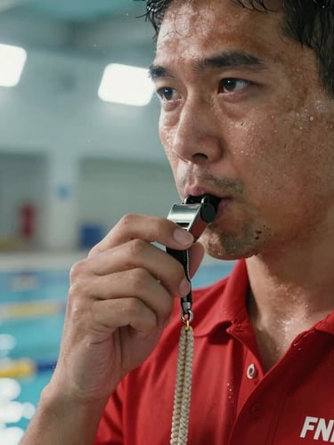 Dynamic close-up of a lifeguard trainer in a red FNMNS uniform, focused eyes, holding a whistle, high-contrast indoor pool lighting with splashing water in the background.