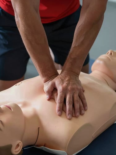 Tight close-up of a lifeguard's hands performing chest compressions on a CPR training mannequin, focused technique, natural high-contrast indoor lighting, dynamic angle