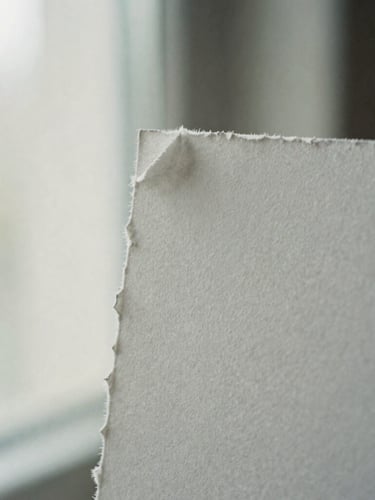 Macro close-up of textured deckled-edge paper with soft natural window light, subtle shadows, editorial 35mm film photography style.