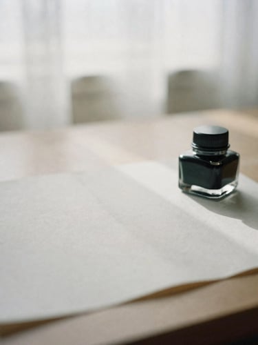A quiet, empty writing desk with soft natural shadows, a single inkwell, and textured paper under diffused overcast window light, editorial film photography