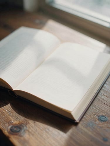 Editorial 35mm film photograph of a single open book resting on a rustic wooden table, soft window light casting long shadows across deckled-edge paper, warm muted tones, macro depth of field.