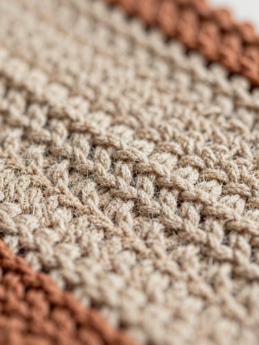 Macro shot of detailed crochet stitches in sand and terracotta tones, showcasing the structural pattern and fiber quality, warm editorial lighting, shallow depth of field