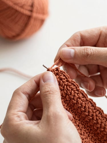 Hands of an artisan weaving a complex crochet pattern with thick terracotta thread, soft natural side light, shallow depth of field, macro texture