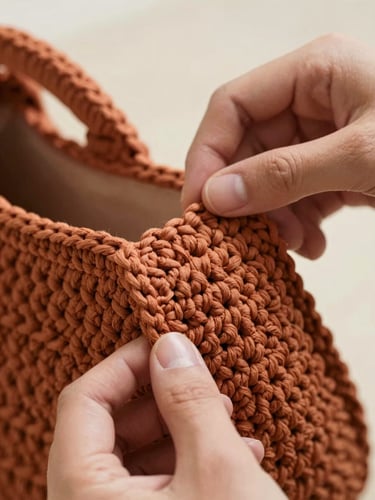 Macro close-up of intricate terracotta-colored crochet stitches, a person's hands gently holding a half-finished designer bag, warm editorial photography, soft natural daylight, neutral background