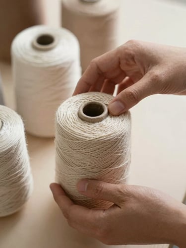 Hands carefully selecting natural cotton yarn spools in earth tones, soft shadows, warm editorial setting