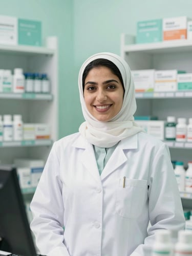 A professional Saudi female pharmacist in a clean, modern pharmacy setting smiling warmly, bright natural daylight, soft mint green accents, high-end editorial style