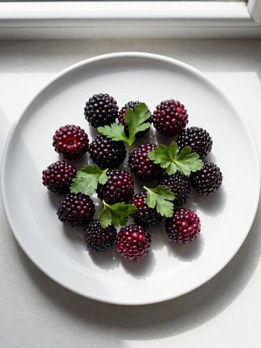 Overhead flat-lay of a minimalist Scandinavian-style plated dish, dark ripe crimson berries, fresh green herbs, soft natural window light, high-contrast shadows, matte finish, 35mm