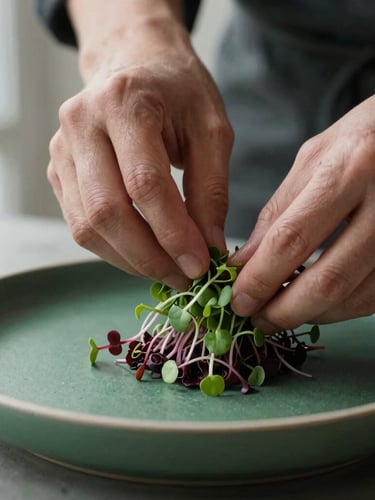 Close-up macro shot of a chef's hands carefully placing microgreens on a modern ceramic plate, soft side lighting, deep forest green accents, 35mm matte style
