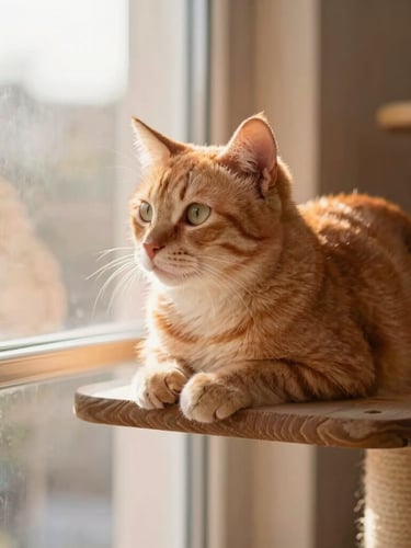 A beautiful rehabilitated cat resting comfortably on a high wooden perch, looking towards a sunny window, soft warm lighting, shallow depth of field, 35mm style