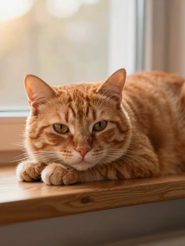 Dignified rehabilitated ginger cat resting on a warm wooden shelf under soft golden-hour window light, peaceful expression, shallow depth of field, 35mm