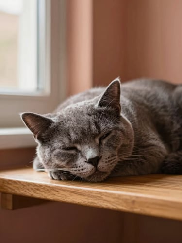 A sleek grey cat sleeping peacefully on a warm wooden shelf, soft daylight illuminating its whiskers, shallow depth of field, 35mm