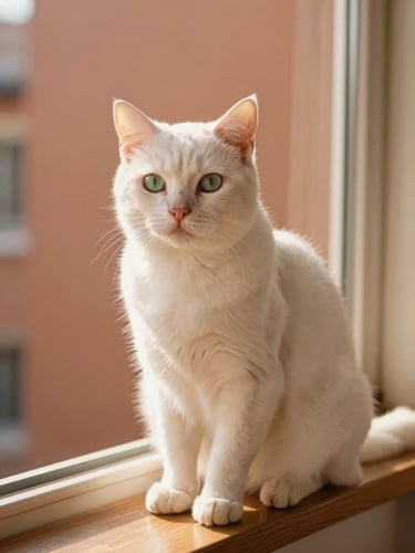 A beautiful white cat with soft green eyes sitting proudly on a sunlit wooden balcony, warm terracotta background, soft golden-hour window light, 35mm