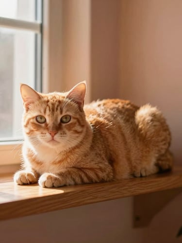 Dignified cat resting on a sunlit wooden shelf, warm golden-hour window light, soft terracotta tones, shallow depth of field, 35mm portrait