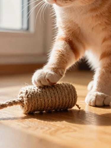 Close-up of a cat's paws playing with a sisal rope toy on a warm wooden floor, soft natural morning light