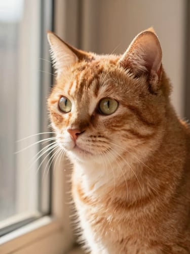 Close-up of a healthy, majestic cat looking out a secure sunny balcony, warm sunlight, soft focus on whiskers, rich natural tones