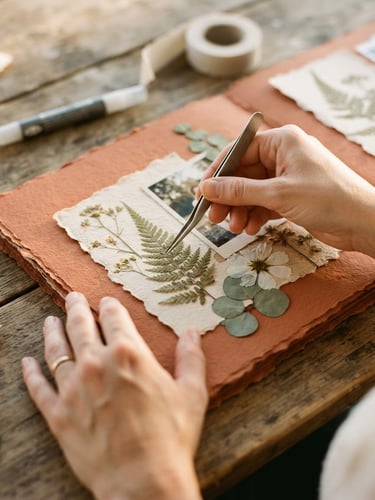 Close-up of hands carefully assembling a scrapbook page with textured terracotta paper, dried botanicals, and delicate hand-torn edges, soft afternoon light