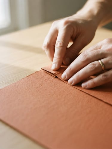 Hands carefully folding a heavy-weight textured terracotta paper sheet on a clean sand-colored wooden table, soft natural afternoon light casting long gentle shadows, tactile details, 35mm photography