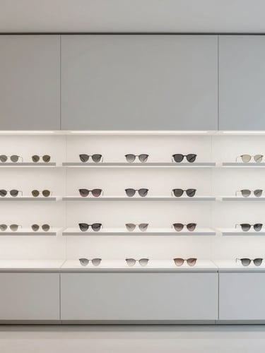 Minimalist architectural photography of a modern high-end optical store interior, clean desaturated cool tones, sharp focus, technical lines, 35mm lens