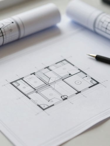 Close-up of clean technical architectural blueprints and drafting tools on a desk, soft natural daylight, cool desaturated tones, sharp focus