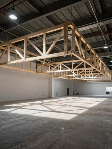 Wide panoramic interior of a large commercial space mid-installation, structural signage framework mounted to ceiling, empty retail floor below, dramatic overhead industrial lighting casting sharp shadows, no people, architectural precision visible in every joint