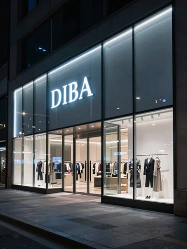 Wide-angle nighttime exterior of a flagship retail storefront, illuminated dimensional signage casting cold blue-white light across dark glass facade, empty urban sidewalk in foreground, deep shadows framing the installation, architectural precision visible in letter edges and mounting detail