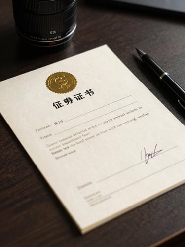 Close-up of a notarized securities certificate resting on a dark desk surface, official seal and signature lines visible but not legible, a single pen beside it, high-contrast north-facing daylight, no people