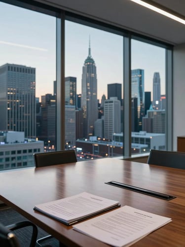 Wide panoramic view from inside a high-floor conference room, floor-to-ceiling glass overlooking a financial district skyline at dusk, empty mahogany table in foreground, documents and a closing binder visible at the edge, north-facing cool daylight, no people