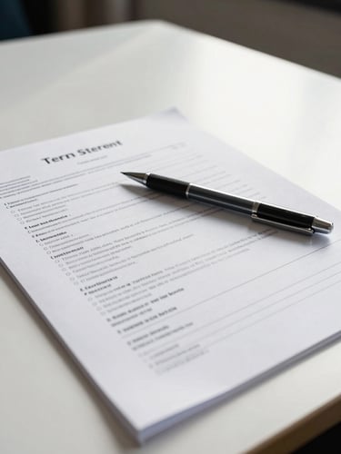 Close-up of a term sheet on a white conference table, dense financial figures and clause headers visible but not legible, a single mechanical pencil resting diagonally across the page, bright north-facing studio light, high contrast, no people